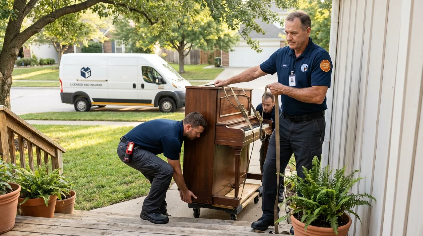 Licensed piano movers securing grand piano in Grimsley, TN