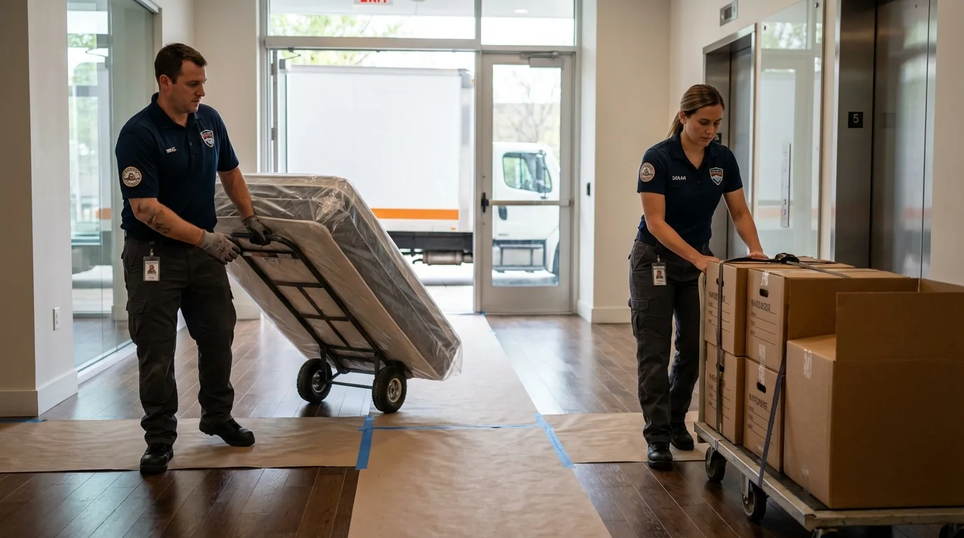 Professional apartment movers loading elevator in Grimsley, TN